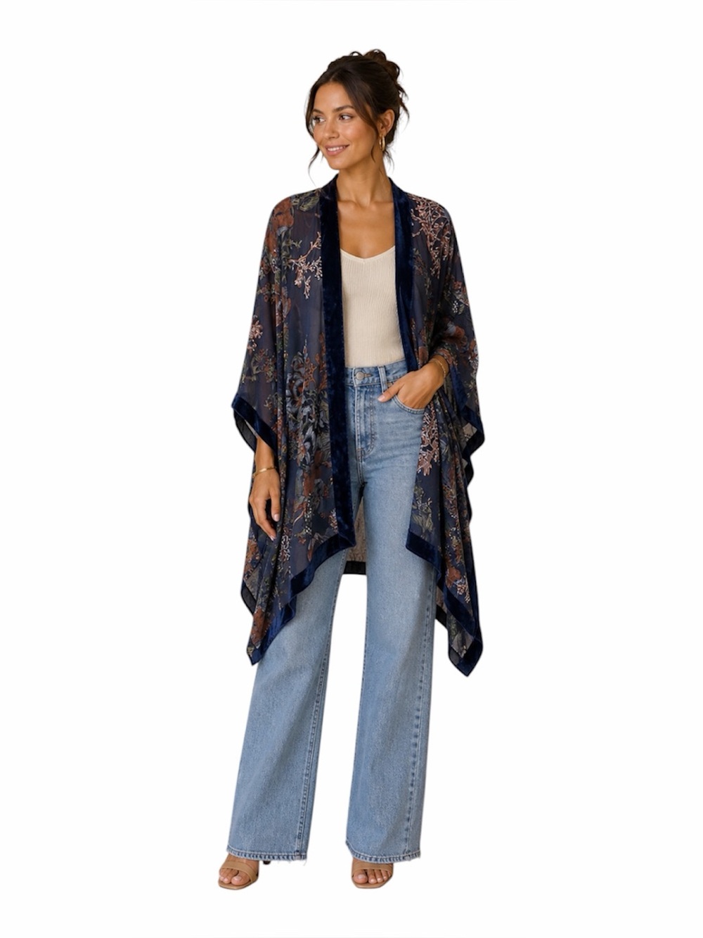 NATURAL LIFE Navy Sheer Floral Kimono with Green and Brown Floral Embroidery
